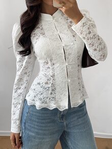 Lucivie Women's Lace Sexy Versatile Casual Daily Top - White - View 1