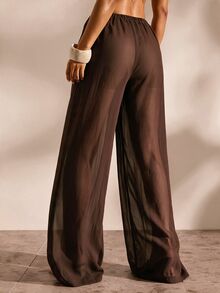 Opulessa Women's Vacation Waist Tie Wide Leg Loose Cover-Up Pants - Khaki - View 3