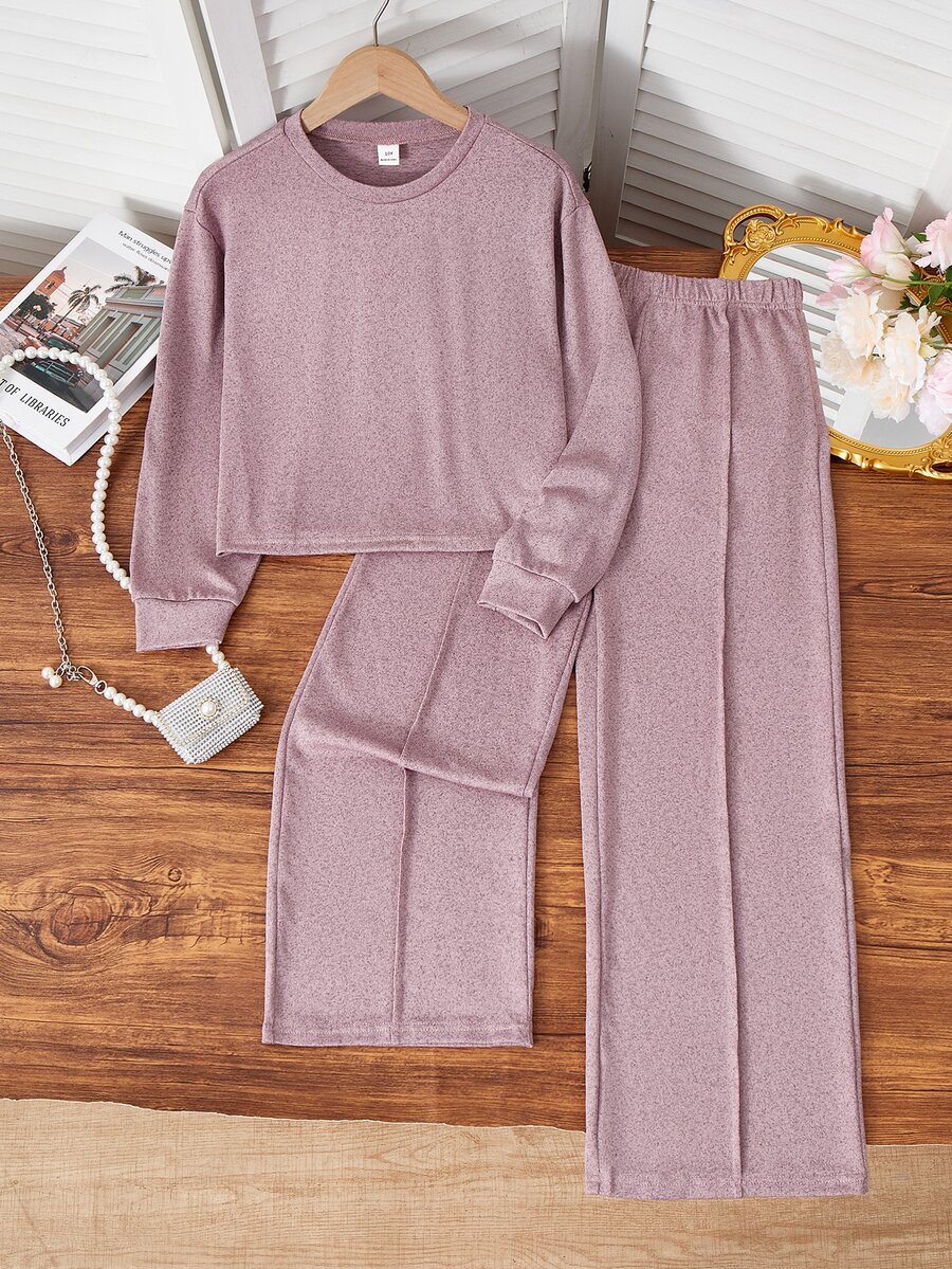 Women's Crew Neck Knit Set, New Autumn Loose Crop Top And Drapey Wide Leg Pants, Casual 2 Pieces Outfit - Khaki - View 1