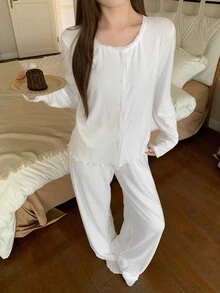 DAZY Women's Solid Color Single-Breasted Long Sleeve Top And Pants Pajama Set - Green - View 7