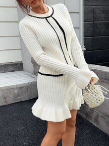 Teen Girl Colorblock Long Sleeve Top And Skirt Casual Knit Set - White - View 5