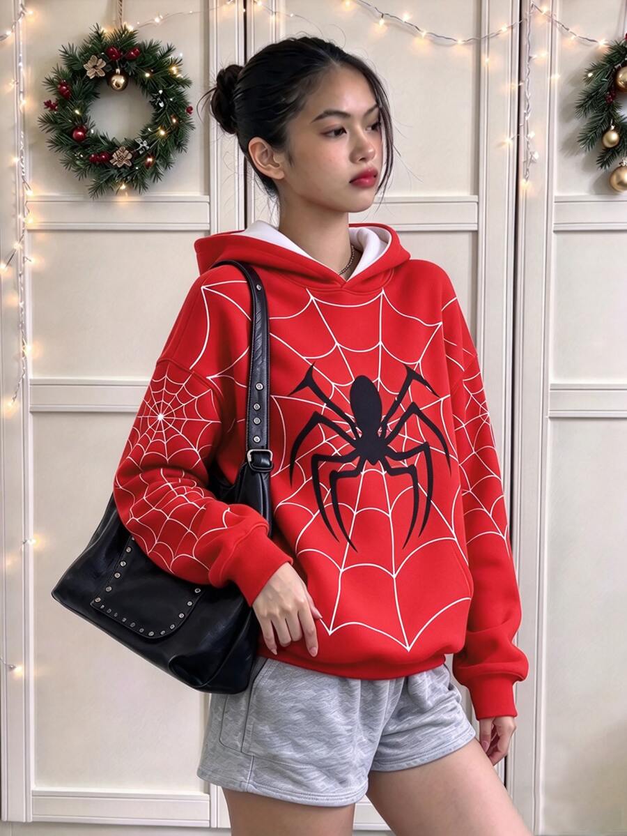 Teen Girl Cool Spider Web Pattern Red Loose Hooded Sweatshirt, Halloween Casual Long Sleeve Y2K Gothic Style Pullover - Multicolor - View 1