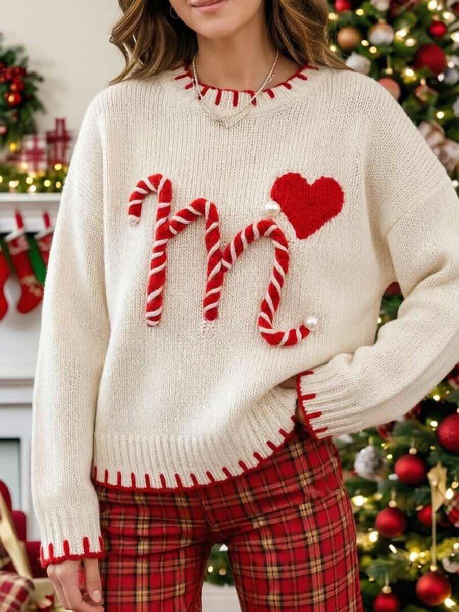 Bytebia Bytebia Women's Heart Pattern Round Neck Drop Shoulder Long Sleeve Casual Christmas Sweater - Red and White - View 1