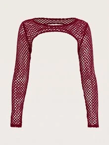 SHEIN ICON 時尚純色魚網超短黑色上衣 - 酒紅色 - 查看 2