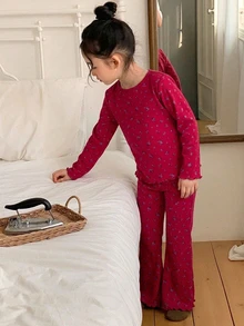 Dazy Kids Young Girl All-Over Print Long Sleeve Top And Pants Casual Daily Home Sleepwear Set Fall - Hot Pink - View 3