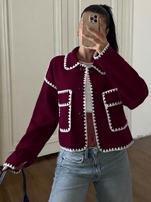 SHEIN EZwear 對比色短版夾克 秋季 辦公室 黑色 優雅 - 酒紅色 - 查看 4