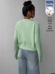 SHEIN BASICS 女款純色單排扣休閒百搭長袖開襟衫，適合日常外出、商務辦公、早午餐，米白色，秋季教師節 - 綠色 - 查看 6