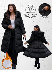 Easura Plus Size Autumn/Winter Long Sleeve Hooded Detachable Fur Collar Padded Coat - Black - View 1