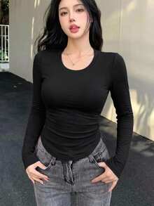 DAZY 女款黑色純色圓領長袖基礎層T恤，休閒街頭風戶外運動婚禮上衣，適合秋冬夏季 - 黑色 - 查看 3