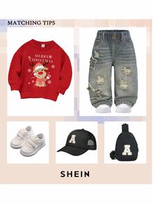 SHEIN 男嬰休閒可愛復古星星圖案流蘇破洞寬鬆版型藍色牛仔褲，適合秋冬戶外穿著與日常穿著 - 淺色水洗藍 - 查看 2