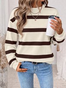 SHEIN LUNE Sweatshirt Lengan Panjang Wanita Bergaris Kasual Serbaguna untuk Pemakaian Sehari-hari - Putih - View 4