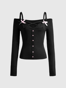 Sweetness Women's Autumn/Winter Dark Gray Off-Shoulder Bow Collar Long Sleeve Sweater - Dark Grey - View 1