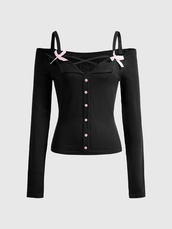 Sweetness Pull femme automne/hiver gris foncé à épaules dénudées, col nœud et manches longues