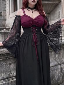 Whyspr Goth Plus Size Halloween Burgundy Patchwork Asymmetrical Hem Witch Camisole Tie-Up Dress - Multicolor - View 6