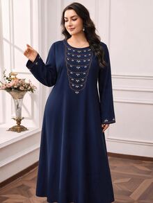 Al Najma Plus Size Women's Rhinestone Design Round Neck Long Sleeve Elegant Arabian Dress - Navy Blue - View 5