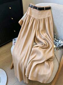 Elenzga 海軍藍優雅牛仔飄逸寬腿褲，紋理面料，適合職場商務與休閒穿著，秋季款 - 卡其色 - 查看 4