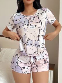 SweetSlumber Ins Sweet Cat Print Couple Women's Pajama Set[Excl. Baby & Kids] - Multicolor - View 1