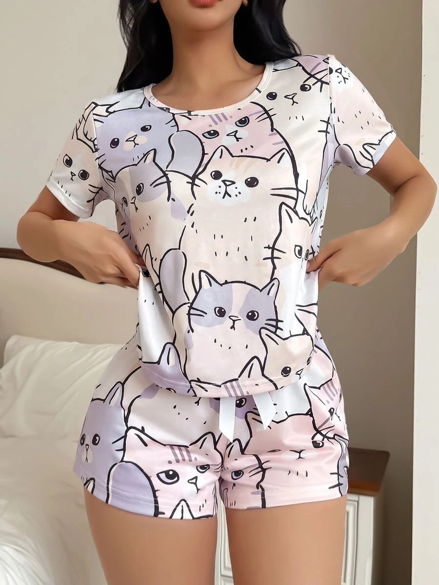 SweetSlumber Ins Sweet Cat Print Couple Women's Pajama Set[Excl. Baby & Kids] - Multicolor - View 1