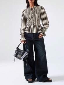 LYSMO Women's Striped Pleated Casual Versatile Daily Wear Shirt - Multicolor - View 4