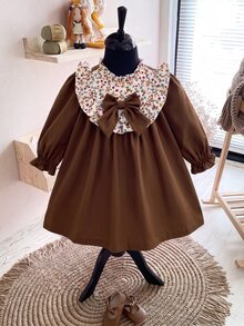 SHEIN Baby Girl Patchwork Floral Frill Trim Stand Collar Bow Decor Cute Dress - Brown - View 11