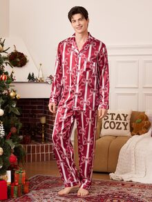 CoupledUp Christmas Couple Men's Bowknot Print Single-Breasted Top And Pants Loungewear Set - Multicolor - View 5