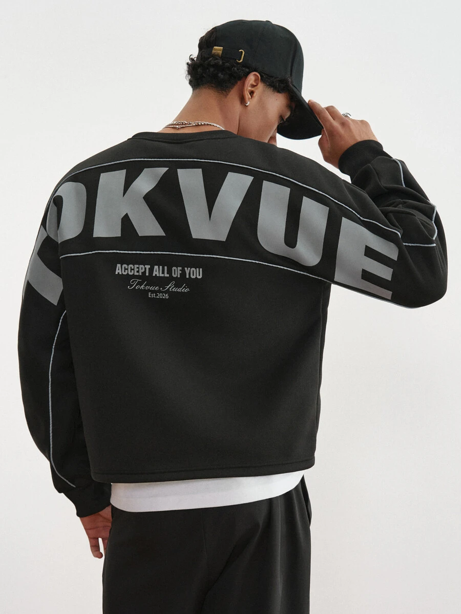 TOKVUE Men's Pullover Crew Neck Sweatshirt, Large Letter Print Design On Back, Contrast Color Piping Detail On Front And Back, Sweatshirt Fabric, Men's Autumn/Winter Fashion Casual Printed Crew Neck Sweatshirt, Structural Design, Casual Comfortable Versatile, Suitable For Outings, Commuting, Street Style, Commuting, Travel, Vacation, Daily Wear, Etc. - Black - View 1