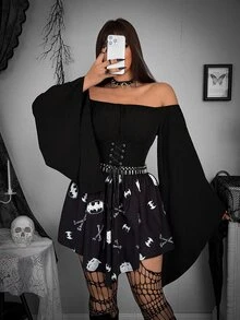 Whyspr BATMAN X SHEIN Plus Size Women Off Shoulder Tie Design Casual Party Dress - Black and White - View 5