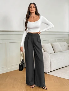 SHEIN Tall 女款黑色高腰寬腿長褲，優雅商務休閒工作西裝褲，高挑百搭純色秋冬款老錢風正裝褲 - 灰色 - 查看 4