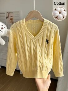 SHEIN Baby Girl V-Neck Knit Pullover Sweater With Twisted Rope Design And Embroidered Pattern, Cute Delicate Stylish Casual Daily Wear Suitable For Outings And School - Yellow - View 7