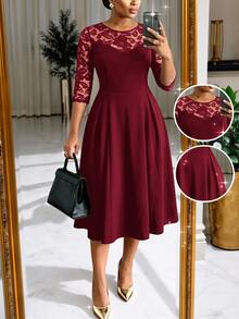 SHEIN Lady CURVE 大尺碼女款蕾絲拼接休閒優雅派對雞尾酒正式旅行洋裝 酒紅色 夏季聖誕 - 酒紅色 - 查看 1