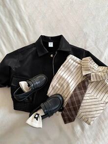 SHEIN 兒童/小男孩寬鬆PU領貼布口袋夾克，冬季職業日返校穿搭，休閒日常百搭舒適厚實編織秋季外套 - 黑色 - 查看 6