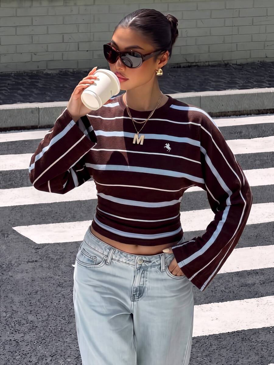 Muchica Autumn New Striped Pattern Batwing Sleeve Fitted Long Sleeve T-Shirt, Elegant Casual Fashion Basic Top For Spring Summer Autumn Winter, Suitable For Outings And Parties, Women - Multicolor - View 1