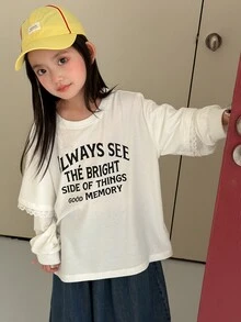 Dazy Kids Tween Girl Letter Graphic 2 In 1 Patchwork Casual Versatile Daily Wear T-Shirt - White - View 1