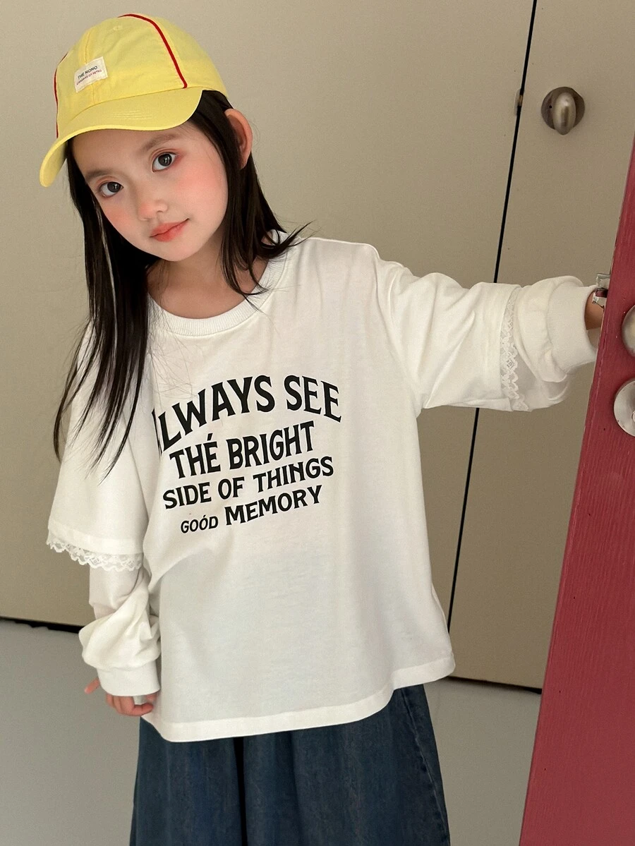 Dazy Kids Tween Girl Letter Graphic 2 In 1 Patchwork Casual Versatile Daily Wear T-Shirt - White - View 1