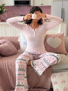 SweetSlumber Set Piyama Wanita Musim Gugur/Dingin: Atasan Rajut Bergaris Nyaman dan Celana Panjang Lembut Motif Fair Isle - MultiWarna - View 5