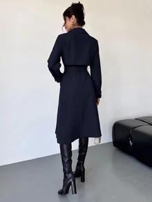 Firerie 優雅商務休閒收腰A字長袖風衣，秋冬畢業日常穿搭，女教師開學穿搭，卡其色 - 藏蓝色 - 查看 8
