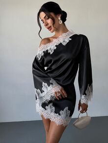 Firerie 女款優雅秋季沙烏地國慶返校季不對稱單肩蕾絲拼接喇叭袖淺灰藍迷你洋裝 - 黑色 - 查看 14