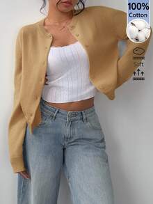 SHEIN BASICS 女款純色單排扣休閒百搭長袖開襟衫，適合日常外出、商務辦公、早午餐，米白色，秋季教師節 - 駝色 - 查看 5
