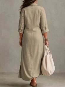 Linhara CURVE Women's Plus Size Casual Commute Blue Solid Color Lapel Long Sleeve Chest Pocket Hem Slit Design Long Dress Suitable For Spring And Autumn - Apricot - View 2