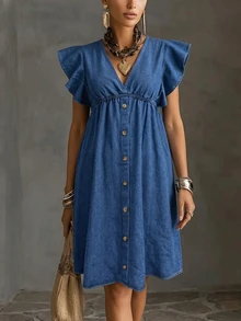 Linhara CURVE Plus Size Women's Fashion Washed Single-Breasted Denim Dress - Dark Wash - View 3