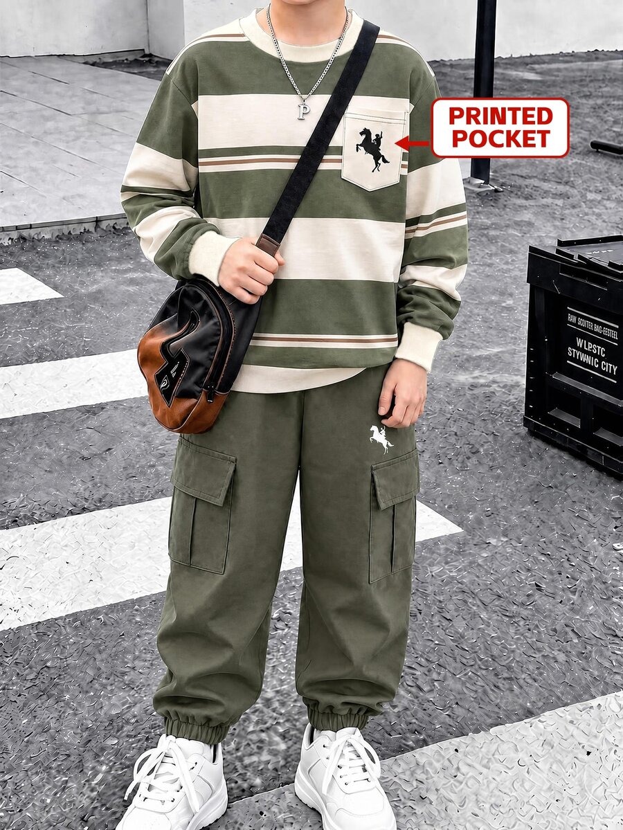 1 Set Digital Print Striped Multicolor Top Brown Pants Tween Boys Long Sleeve Sweatshirt And Jogger Cargo Pants Set Casual Cool - Multicolor - View 1