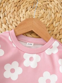SHEIN 女嬰可愛花卉圖案運動衫與鬆緊腰長褲套裝 - 粉色 - 查看 5
