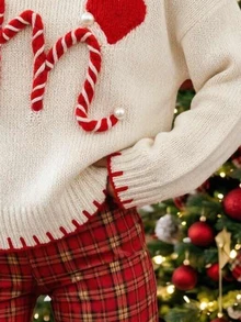 Bytebia Bytebia Women's Heart Pattern Round Neck Drop Shoulder Long Sleeve Casual Christmas Sweater - Red and White - View 3