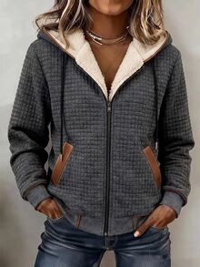 Holdful Holdful Women's Zipper Pocket Long Sleeve Hooded Knit Sweater - Dark Grey - View 1
