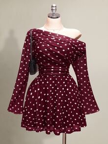 SHEIN ICON 大尺碼女款棕色波點網格單肩長袖迷你洋裝，秋季，1920年代 Flapper 90年代，夜晚約會、夜店、早午餐，Y2K 90年代優雅秋季 - 酒紅色 - 查看 1