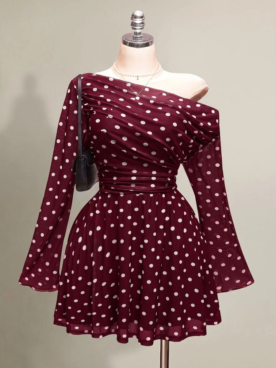 SHEIN ICON 大尺碼女款棕色波點網格單肩長袖迷你洋裝，秋季，1920年代 Flapper 90年代，夜晚約會、夜店、早午餐，Y2K 90年代優雅秋季 - 酒紅色 - 查看 1