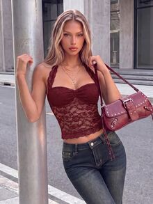 SHEIN ICON 女款夏季/秋季 Y2K 黑色性感蕾絲露背掛脖背心上衣，萬聖節女性服裝 - 酒紅色 - 查看 5