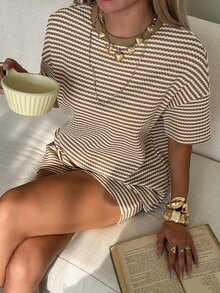 SHEIN EZwear 女款條紋拼接上衣與短褲兩件套 - 杏色 - 查看 5