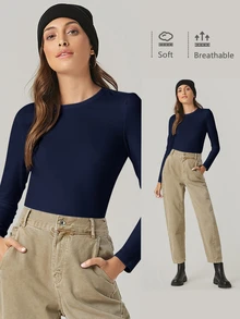 SHEIN BASICS 女款經典白色長袖襯衫，柔軟透氣圓領百搭上衣 - 藏蓝色 - 查看 1