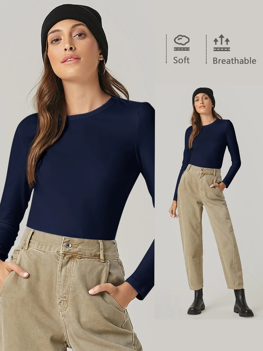 SHEIN BASICS 女款經典白色長袖襯衫，柔軟透氣圓領百搭上衣 - 藏蓝色 - 查看 1